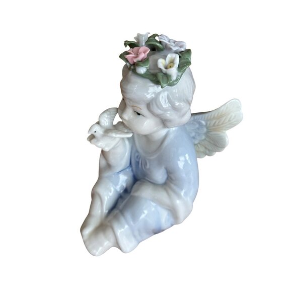 Porcelain Angel Cherub Crown Of Flowers Holding Dove Bird Figurine Home Decor - Picture 9 of 11